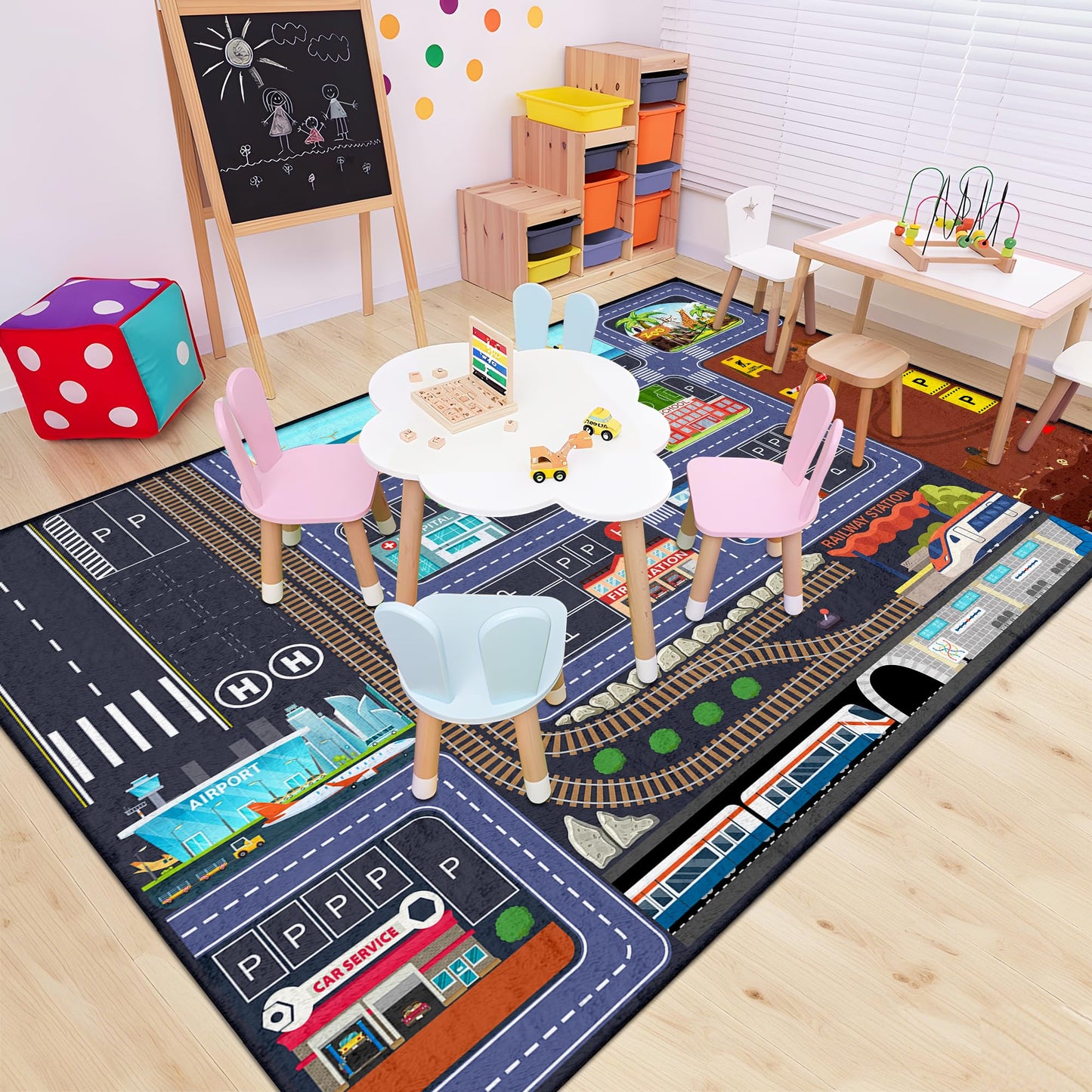 Ekpvgit Car Road Kids Rug Carpet Playmat 5x7 - Car Rugs for Kids Boys, Boys Educational City Traffic Build Play Mat, Washable Non-Slip City Traffic Road Kid Rug for Playroom Bedroom Classroom Nursery