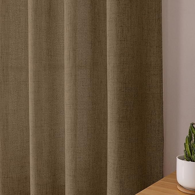 Tollpiz Linen Curtains Living Room Rod Pocket Semi Sheer Curtain Burlap Light Filtering Thick Linen Drapes for Bedroom, 38 x 63 inches Long, Brown, Set of 2 Panels