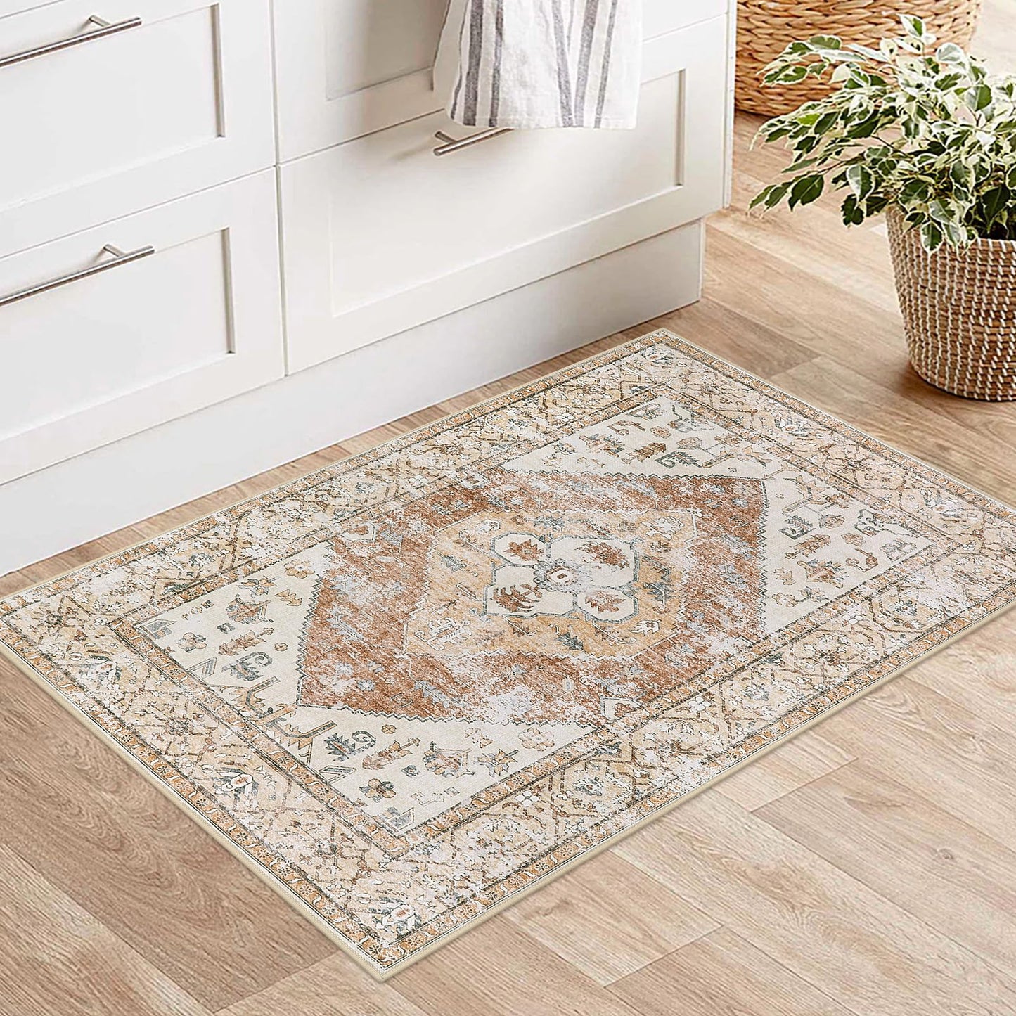 Beeiva Boho Throw 2X3 Entryway Rug, Small Rugs for Bedroom Ultra Thin Non Slip Washable, Small Khaki Carpet Lightweight Indoor Door Mats for Entryway Bedroom
