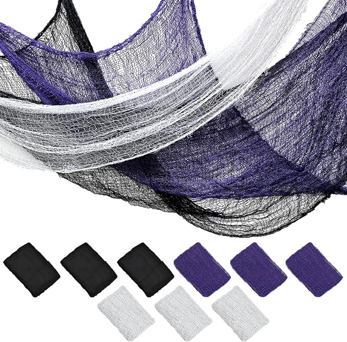 ZeeDix 9 Pack Halloween Creepy Cloth 30 x 75 Inch Spooky Scary Gauze Cloth Creepy Cheesecloth for Halloween Party Supplies Outdoor Yard Home Wall Doorways(Black, White, Purple)