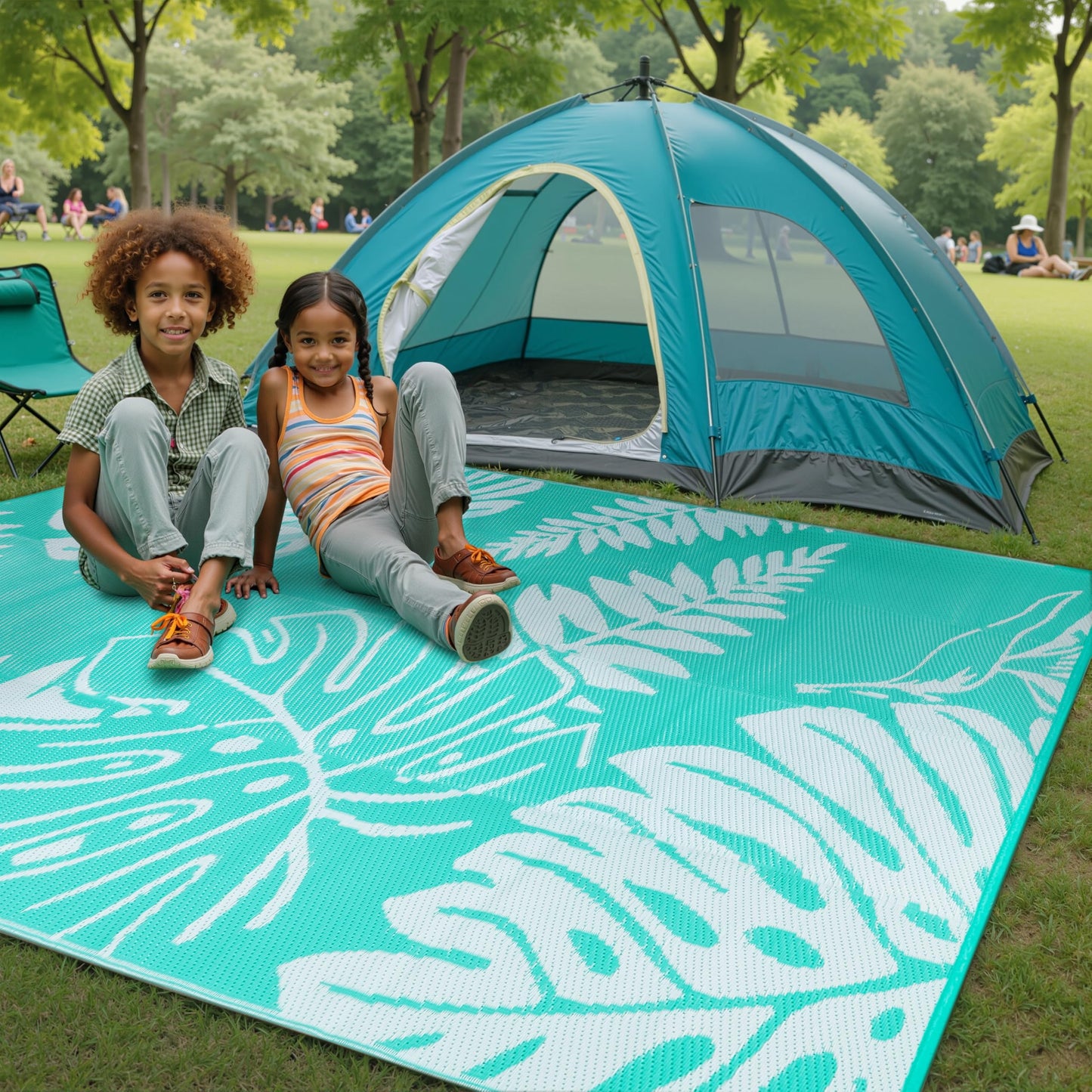 PureCozy Outdoor Plastic Straw Rug Leaf Waterproof Teal Blue Outside Patio 6x9 Carpet Tropical Reversible Mat Washable Large for Camping RV Porch Deck Balcony Beach