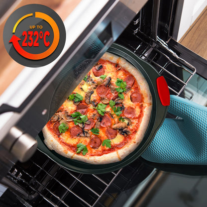 NutriChef 2-Pc. Non Stick Pizza Tray - with Silicone Handle, Round Steel Non-Stick Pan with Perforated Holes, Dishwasher Safe, Pizza Tray with Silicone and Oversized Handle, PFOA, PFOS, PTFE Free