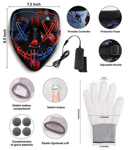 Halloween Mask Skeleton Gloves Set, Halloween Costumes Gifts for Men Women Boys Girls, 3 Modes Light Up Scary LED Mask with LED Glow Gloves, Halloween Decorations Scary Scream Anonymous Masks