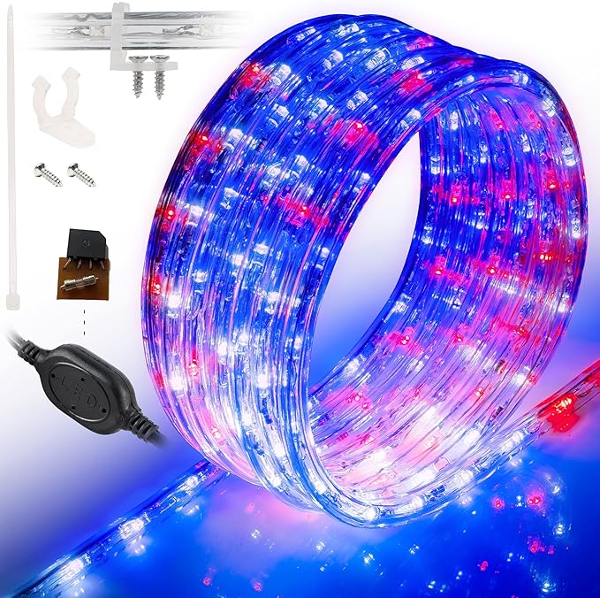 WYZworks 1116LEDs 100ft LED USA Patriotic American Red White Blue Outside Rope Lights, Outdoor ETL Certified Waterproof Permanent 360 Degree Light, Flexible Tube, Connectable, Palm Tree Exterior