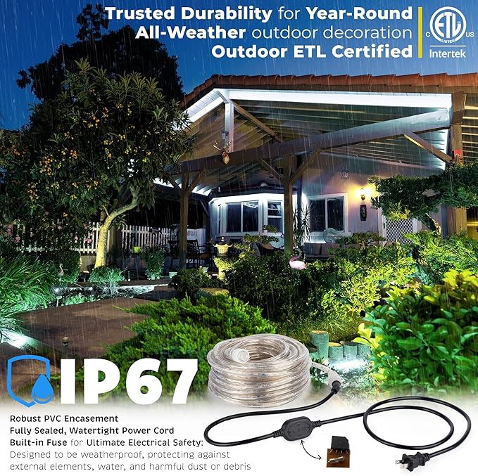 WYZworks 3312LEDs 300ft LED Outside Rope Lights, Outdoor ETL Certified Waterproof Permanent 360 Degree Light Emitting, Flexible Tube, Connectable, Christmas Palm Tree Exterior Landscape, Cool White