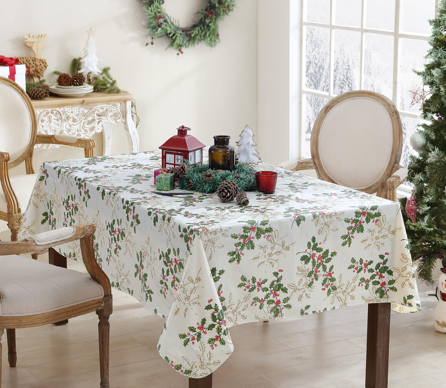 Newbridge Christmas Golden Holly Vinyl Tablecloth with Flannel Backing, Metallic Gold Holly & Berry Print, Wipe Clean Easy Care, 60 x 84 Inch Rectangle