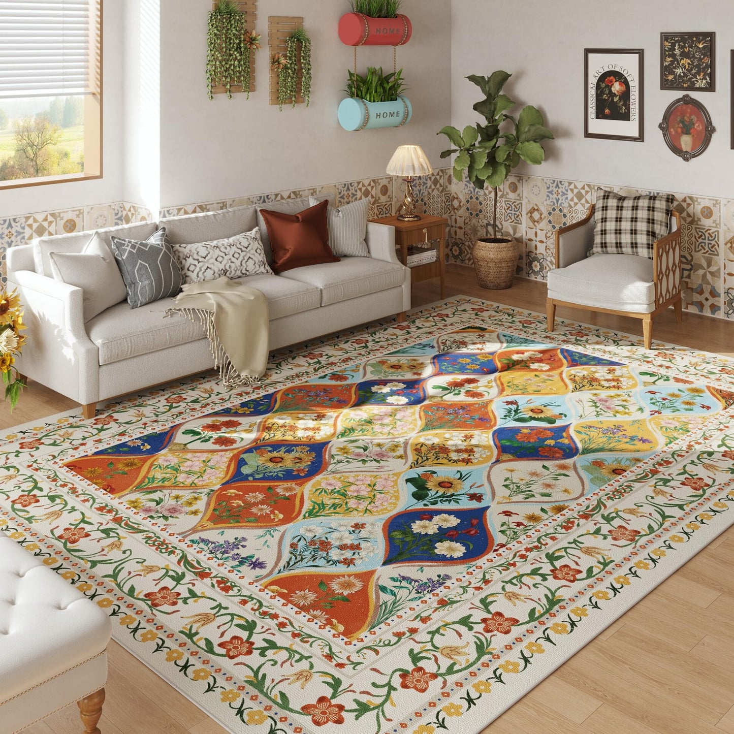 Vowkten Bohemian Geometric Floral 8x10 Area Rugs, Machine Washable, Low Pile Soft Carpet, Non-Slip for Living Room, Bedroom, Dining Room, Farmhouse, Kids Playroom, Office | Beige