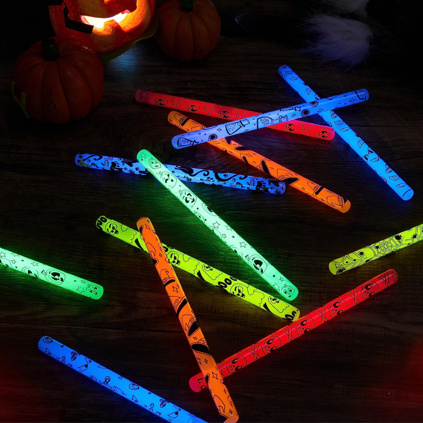 JOYIN 24 Pcs Halloween Glow Stick Hanging Wands in 8 Different Pattern Designs and 6 Colors for Kids Party Favors, Halloween Party Supplies, Glow in the Dark, Goodies Bags Fillers, Non Candy Treats