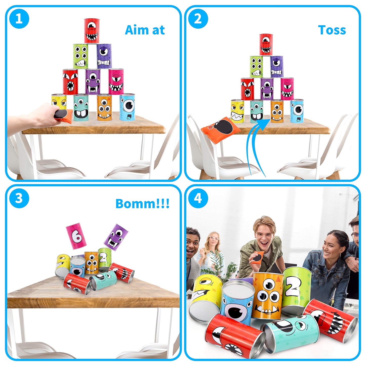 JOYIN 13 Pcs Carnival Bean Bag Toss, Knockdown Can Game Set, Holiday & Birthday Party Games, Outdoor Lawn Yard Activity for Kids Party Favors, Easter Egg Hunt for Classroom Gifts (Monster Style)