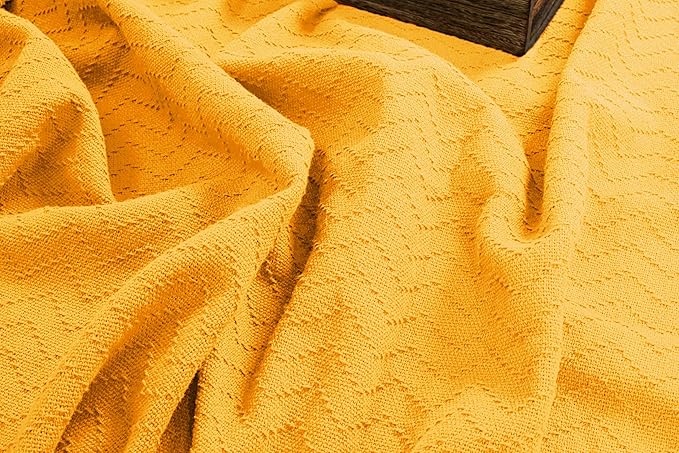 BELIZZI HOME 100% Cotton Bed Blanket, Breathable Thermal Blanket Full -Queen Size, Soft Chevron 90 inch x90 , Perfect for Layering Any All Season, Mustard Yellow