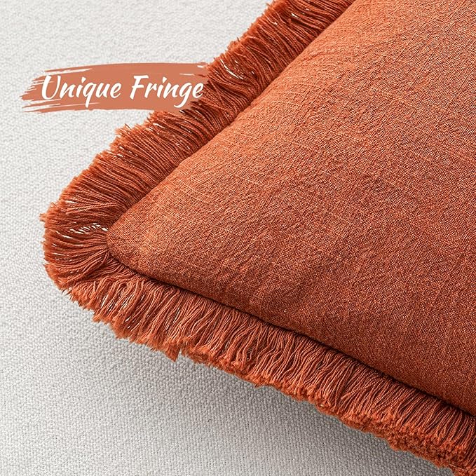 MIULEE Fall Decorative Throw Pillow Covers Neutral Linen Fringe Throw Pillows Set of 2 Burnt Orange Boho Farmhouse Cushion Covers with Tassels for Couch Sofa Bed Living Room Home Decor 22x22 Inch