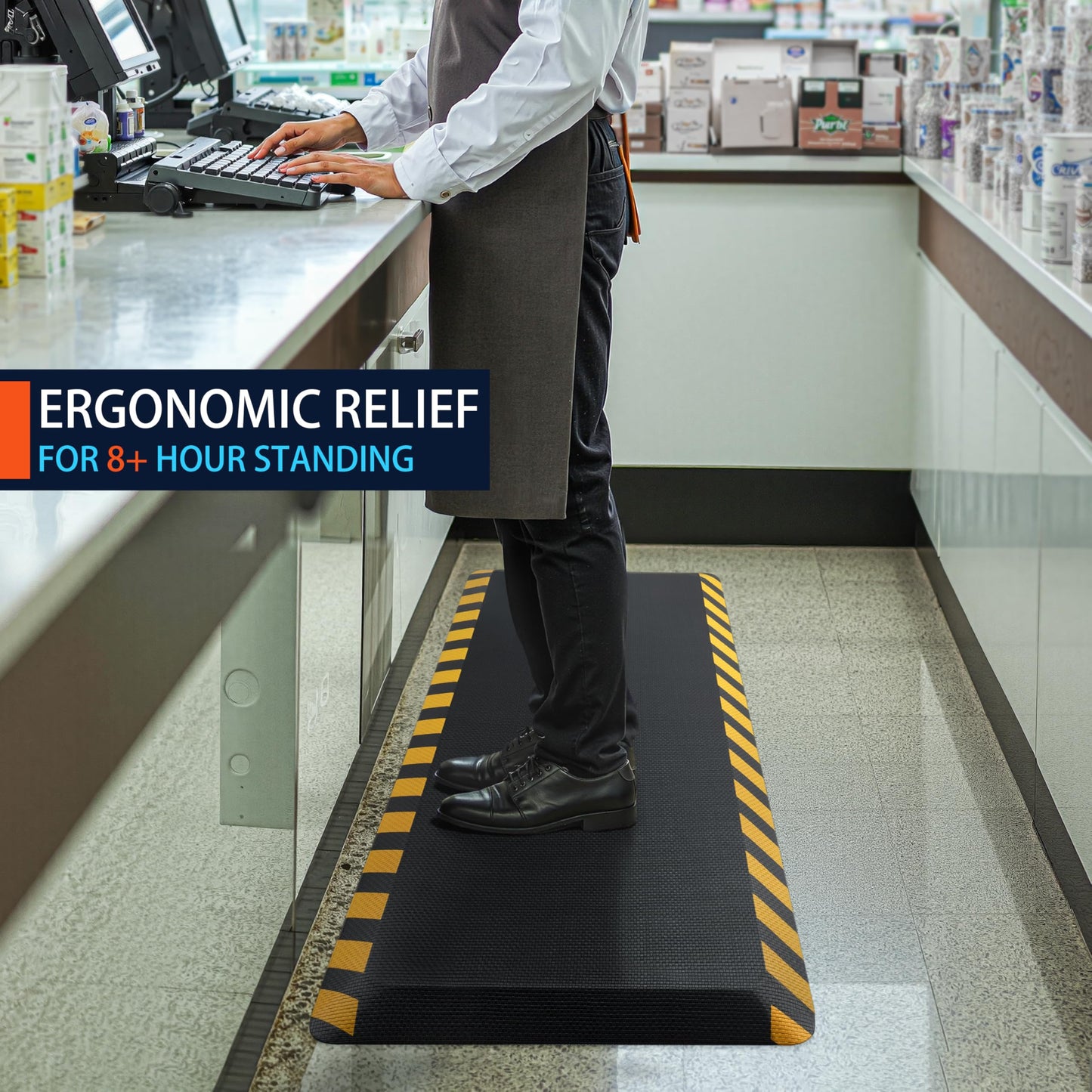 FEATOL Anti Fatigue Mat Industrial, Ergonomic Standing Floor Mat for Work for Stand -Safety Support for Leg & Back Pain(Yellow Border, 20" x 39", 1PC)