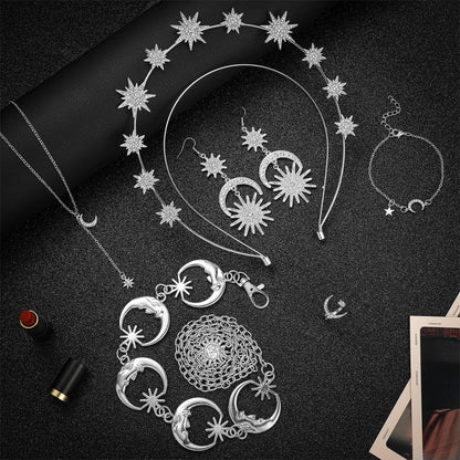 Glenmal 6 Pcs Halloween Crown Moon Star Headband Celestial Earrings Belt Jewelry for Wedding Moon Goddess Costume Accessories(Silver)