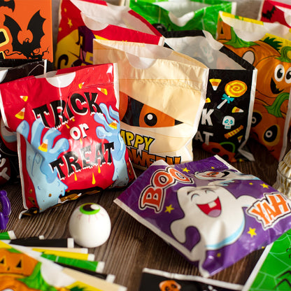 JOYIN 96PCS Halloween Drawstring Treat Bags, 6"x6" Halloween Goodie Candy Bags, 12 Designs Goody Gift Bag Bulk for Kids Boys Girls Trick or Treating, Classroom Party Favor Supplies