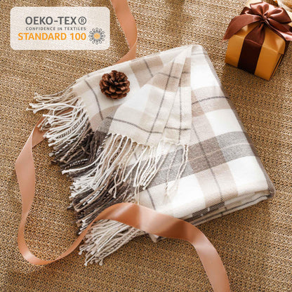 BATTILO HOME Fall Plaid Throw Blanket for Couch, Farmhouse Checkered Decor Throw, Lightweight Beige Throw Blankets for Bed Sofa Neutral Fall Decor, 50"x60"