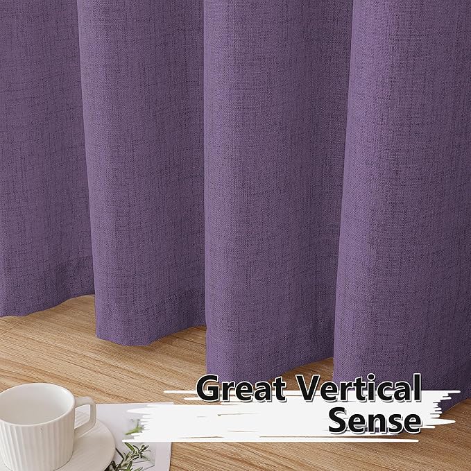Tollpiz Short Linen Curtain Living Room Rod Pocket Semi Sheer Curtains Burlap Light Filtering Thick Linen Drape for Bedroom, 54 x 45 inches Long, Royal Purple, Set of 2 Panels