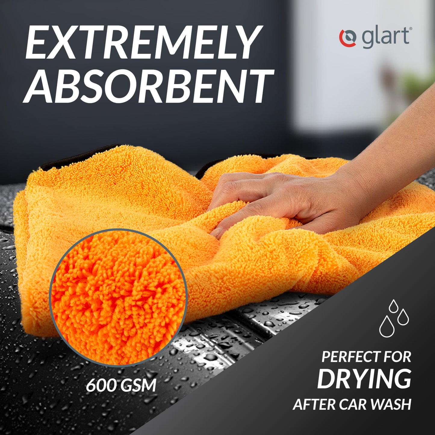 Glart 44WG Car Drying Towel XXL 90x60 cm - Microfiber Polishing Cloth Orange - Large Absorbent and Cleaning Cloth for Car, Motorcycle, Boat, Household - Soft, Paint-Friendly, Lint-Free.