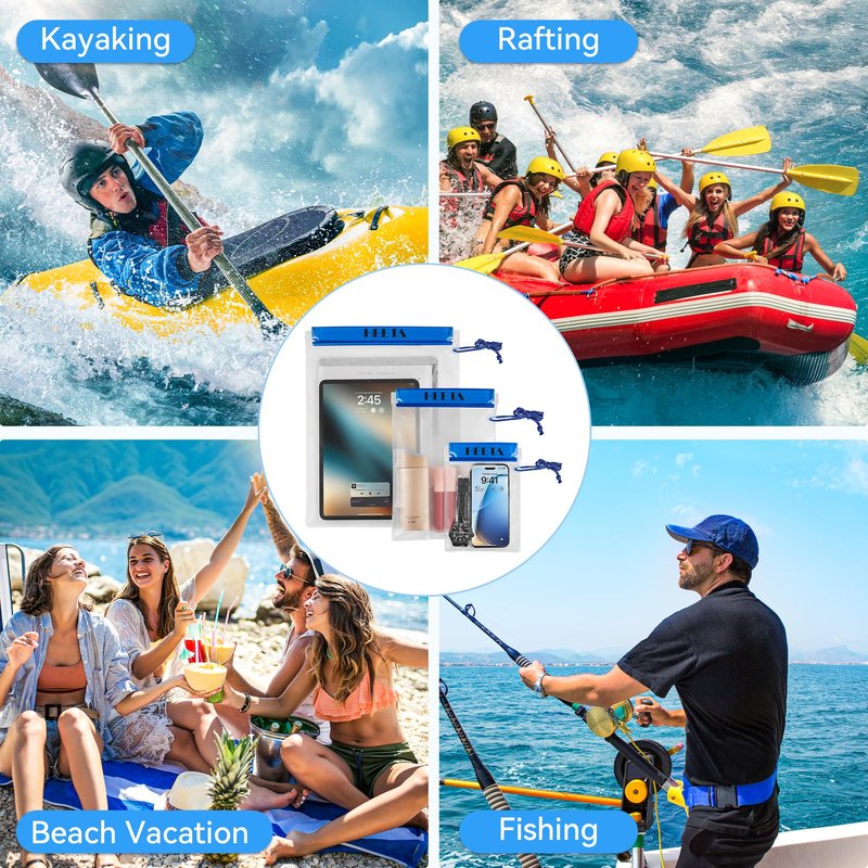 HEETA 5-Pack Clear Waterproof Dry Bag Pouch, Water Tight Cases Dry Bags Document Holder for Camera Mobile Phone Maps, Kayaking Boating (Blue)