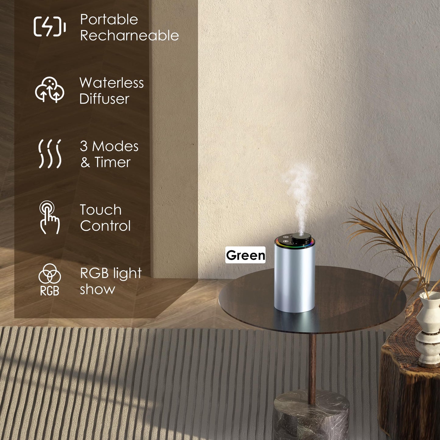 Waterless Essential Oil Diffuser, Diffuser,Portable Aromatherapy Diffuser,Light Show,3 Countdown Timers & 3 Mist Levels for Home, Room, Car, Office (Black)