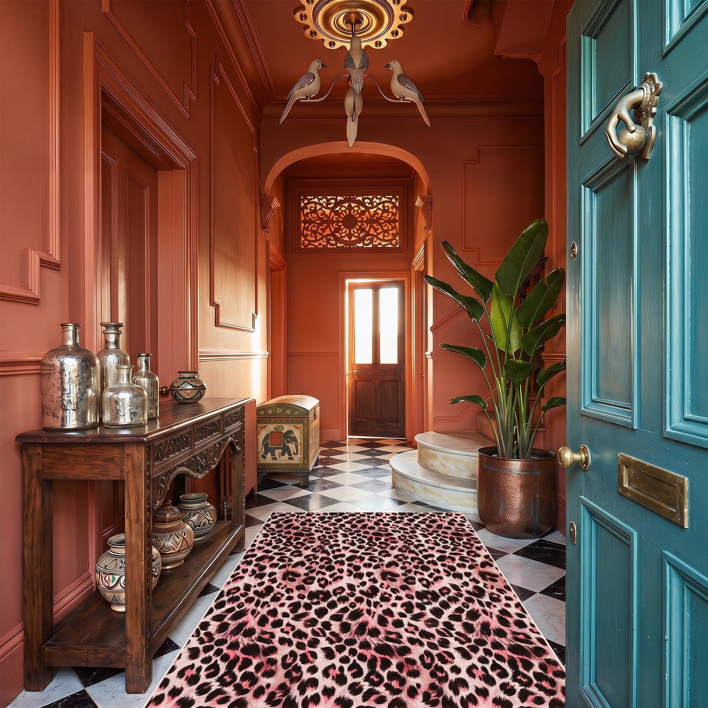 5x7 Leopard Area Rugs for Living Room, Machine Washable Cheetah Rug for Bedroom, Animal Rug Foldable Ultra-Thin Indoor Non-Slip Carpet for Dining Room Foyer Apartment Den, Pink, Oeko-TEX Certified