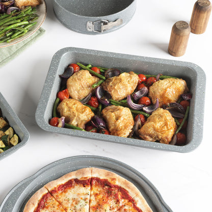 Salter Marblestone 3-Piece Baking Set - Non-Stick Oven Trays, Lightweight Carbon Steel, Easy Wipe Clean, Includes a 36cm Roaster, 37cm Baking Tray, 23cm Square Tray, Oven Safe to 220°C, PFOA Free