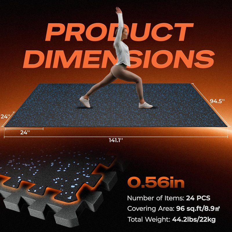 SUPERJARE 0.56'' Thick 24 Pcs 96 Sq Ft Rubber Top Exercise Equipment Mats, High Density EVA Foam Mats with Rubber Top, Interlocking Gym Flooring for Home Gym, Protective Workout Mat, Black/Blue