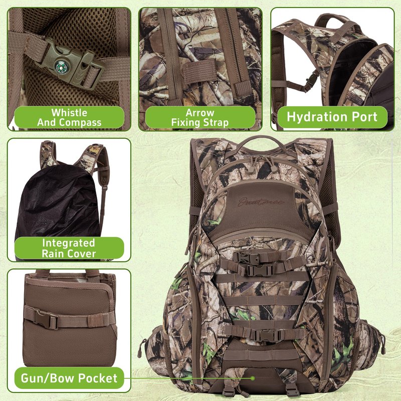 OUUTMEE Hunting Backpack with Waterproof Rain Cover, 35L Hunting Backpacks for Men, Durable Large Capacity Hunting Day Pack with Rifle Bow Holder