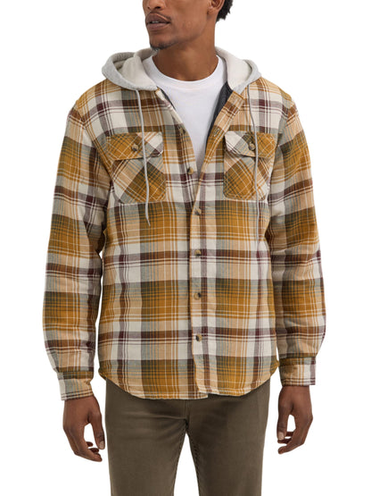 Wrangler Authentics Men's Long Sleeve Quilted Lined Flannel Shirt Jacket with Hood, Golden Brown, Small