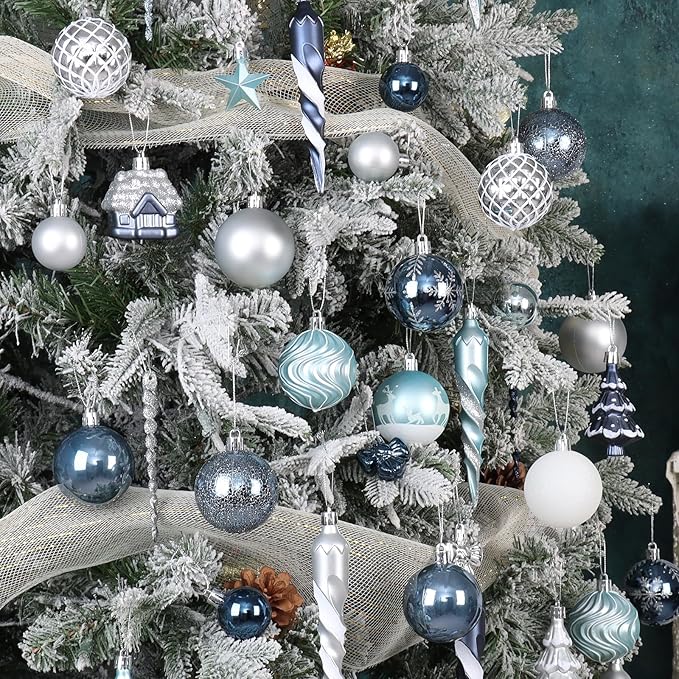 124Ct Blue Silver and White Christmas Tree Ornaments Set,Shatterproof Assorted Christmas Decorations for Xmas Tree Snowflake Icicle House Ball Ornaments Baubles for Holiday Party Decor（Blue & Silver）