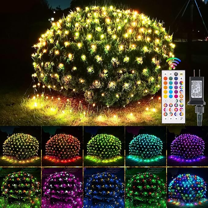 Obrecis Christmas Outdoor Net Lights, 204 LED 35 Color Changing Mesh Lights, 9.8 ft x 6.6 ft Waterproof Connectable Multicolored Halloween String Lights for Bushes Xmas Tree Wedding Party Home Decor