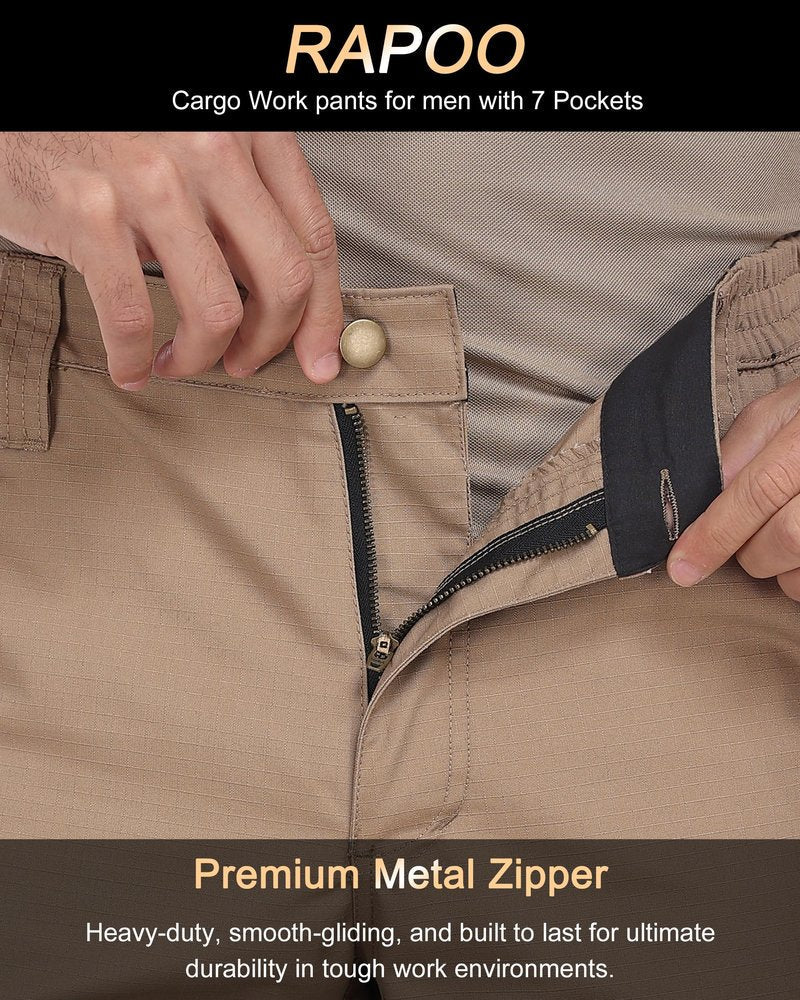 Rapoo Tactical Pants for Men Cargo Hiking Working Army Hunting Pants for Men with Multi Pockets Water Resistant Mens Construction Carpenter Pants Khaki 40Wx32L