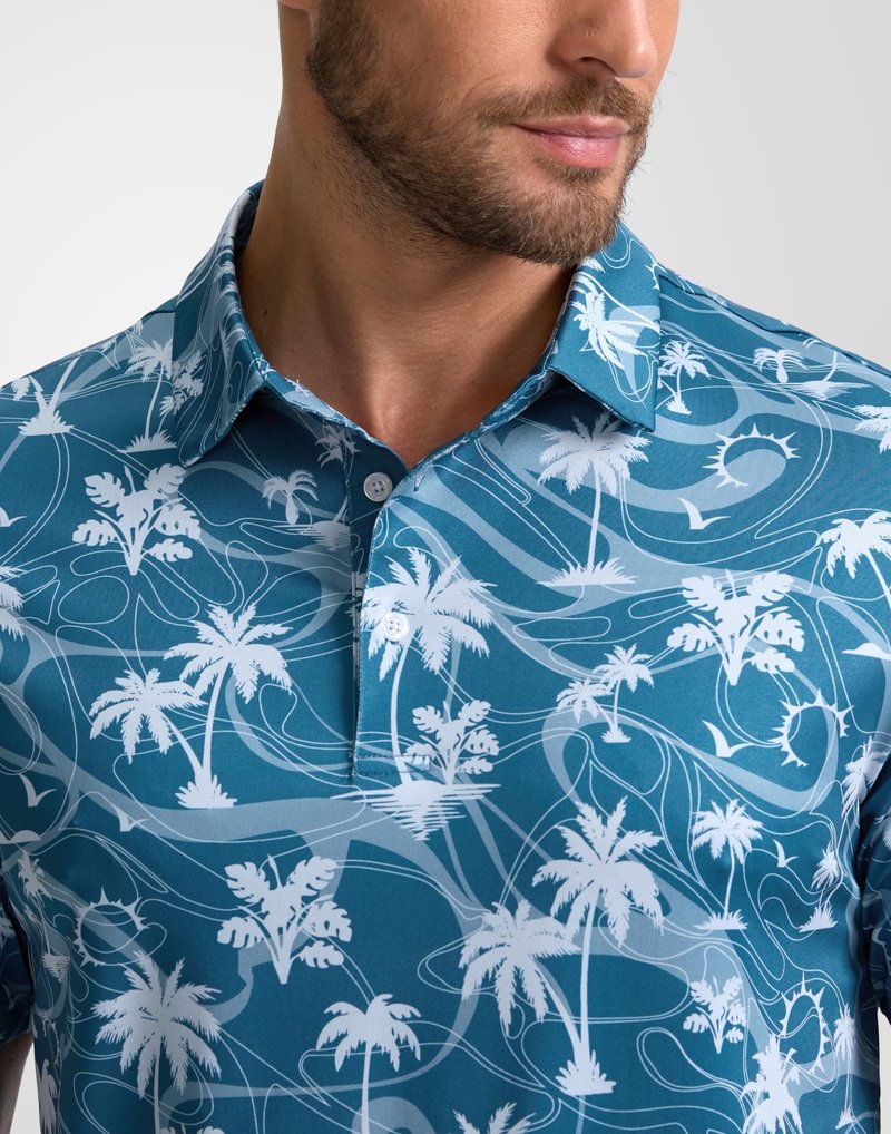 Obla Mens Golf Polo Shirts Short Sleeve Dry Fit Casual Print Collared Golf Shirts Wicking for Men(Blue Coconut Beach_4XL)