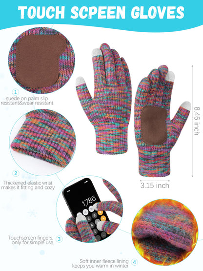 Winter Hat Scarf Gloves Set,Fleece Lined Pom Pom Beanie Hat Warm Knit Long Scarf Touchscreen Gloves Winter Gifts for Women