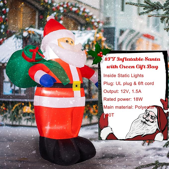 Sunnyglade 8 FT Christmas Inflatable Santa Outdoor Decorations Santa Claus with Green Gift Bag Blow Up Yard Xmas Decor Built-in LED Lights for Christmas Holiday Garden/Yard Decorations