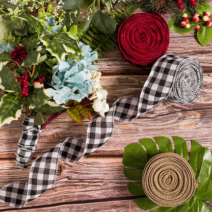 Whaline 3 Rolls Wired Edge Ribbons, 30 Yards x 2 Inches Black Red Plaid Ribbon, Black White Buffalo Plaid Ribbon and Burlap Craft Ribbon for DIY Gift Wrapping, Christmas Fall Crafts Decoration