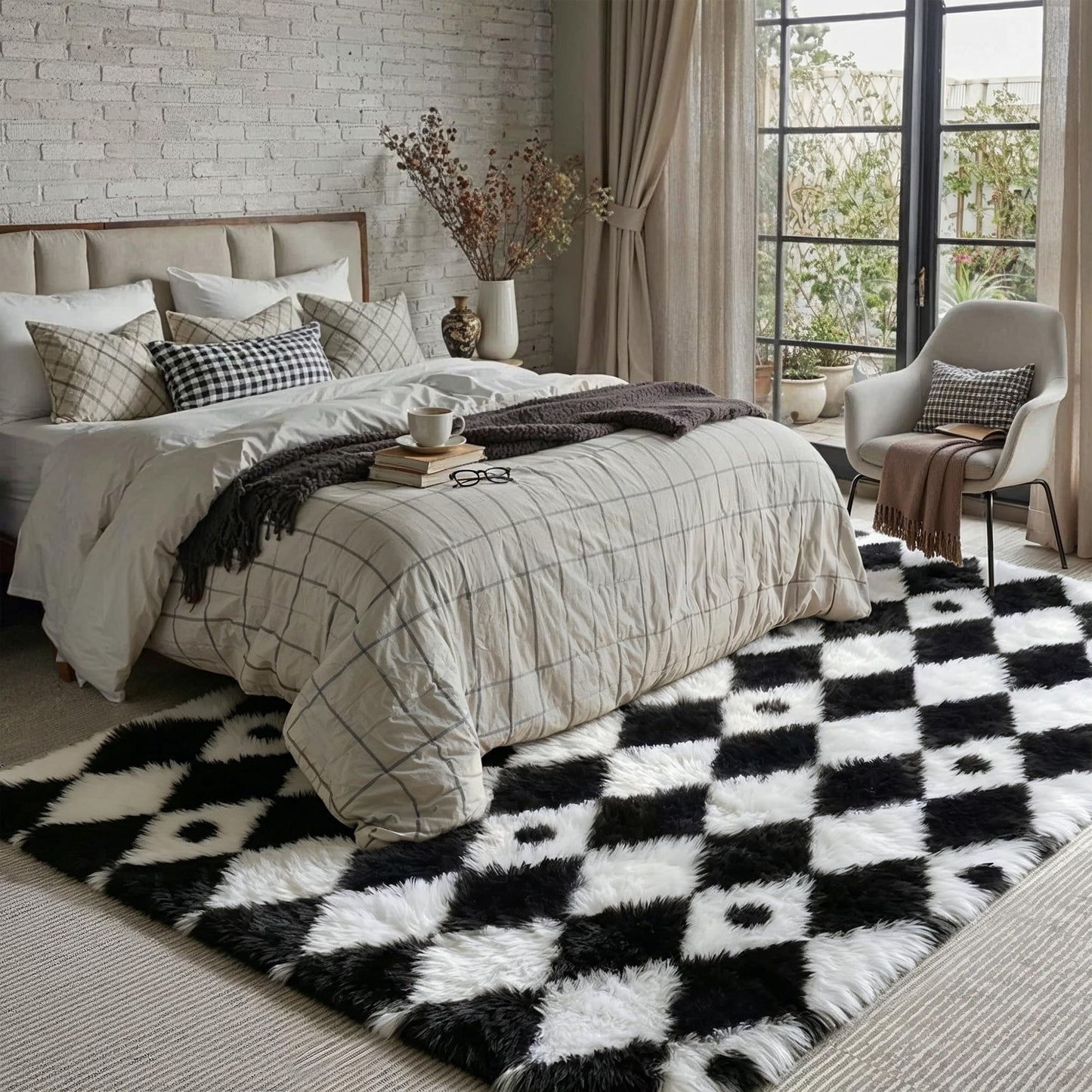 PureCozy Checkered Rug 5x8 Fluffy Shag Living Room Black and White Area Rug Modern Washable Carpet Soft Shaggy Non Slip Indoor Plush Fuzzy Rugs for Bedroom Dorm Office Home Aesthetic Decor