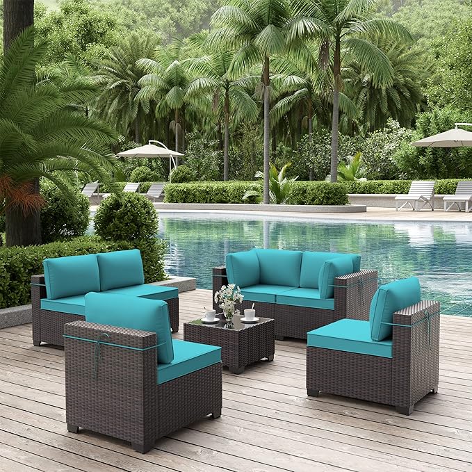 ALAULM 7 Pieces Patio Furniture Set with Coffee Table, Outdoor Sectional with Thick Cushion, All Weather Wicker Rattan Conversation Set for Backyard, Garden, Deck, (Turquoise)