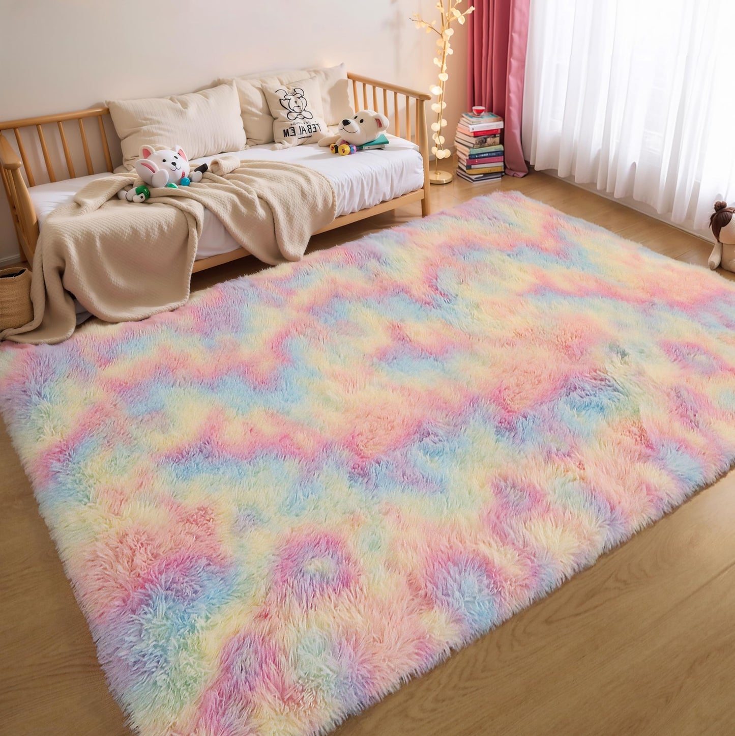 Washable 4x6 Rainbow Fluffy Shaggy Area Rugs, Kawaii Princess Soft Plush Carpet for Girls Bedroom Kids Playroom, Cute Colorful Fuzzy Rug for Nursery Dorm Baby Toddler Teenage