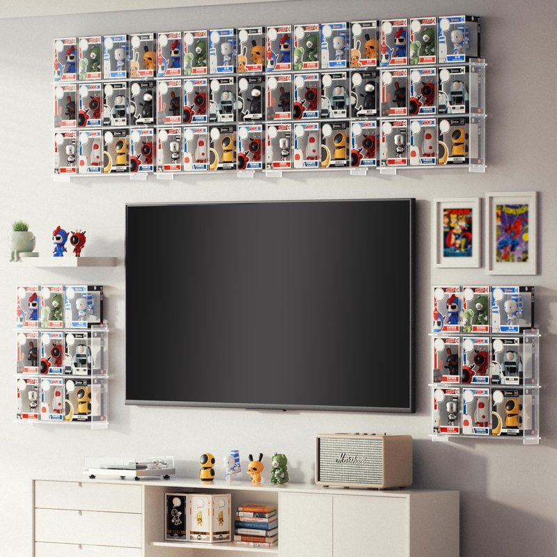 WINKINE Wall Display Shelves Compatible with 21 Funko Pop in Box, Easy Install - Only 2 Screws per Shelf, Acrylic Floating Shelves Stackable, Action Figure Stand, Collectibles Display Case, 2 Pack