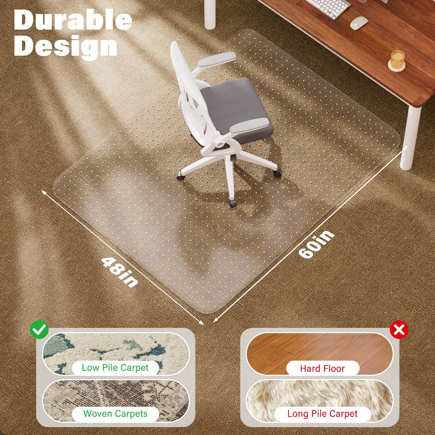 Office Chair Mat for Carpet, 48" x 60" Clear Desk Chair Mat with Lip, Heavy Duty Plastic Floor Protector for Low Pile Carpet, Smooth Easy Glide Under Desk for Office or Home