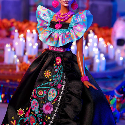 Barbie Signature Doll, 2024 Día De Muertos Collectible in Black Dress with Blue Ruffle Top, Embroidered Print, and Colorful Accessories