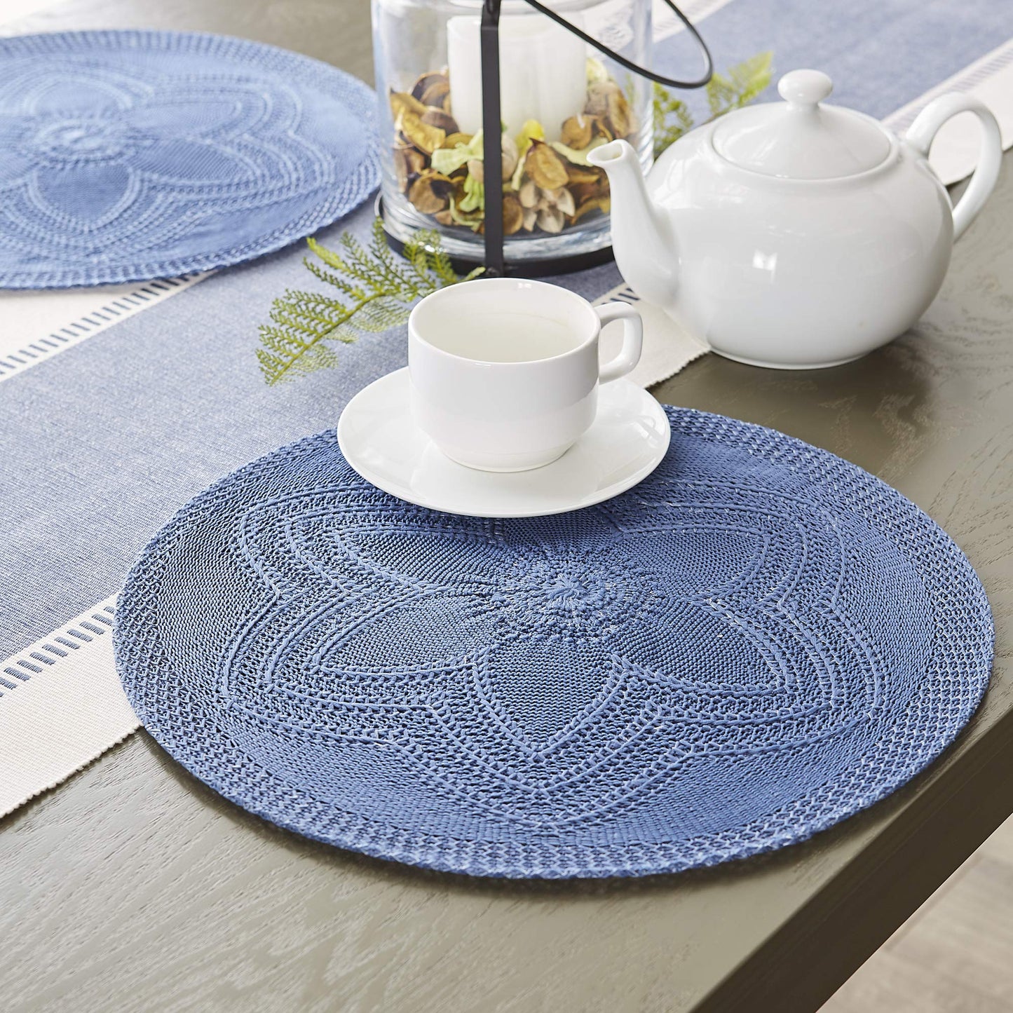 DII Woven Collection Round Braided Floral Placemat Set, 15", French Blue, 6 Piece