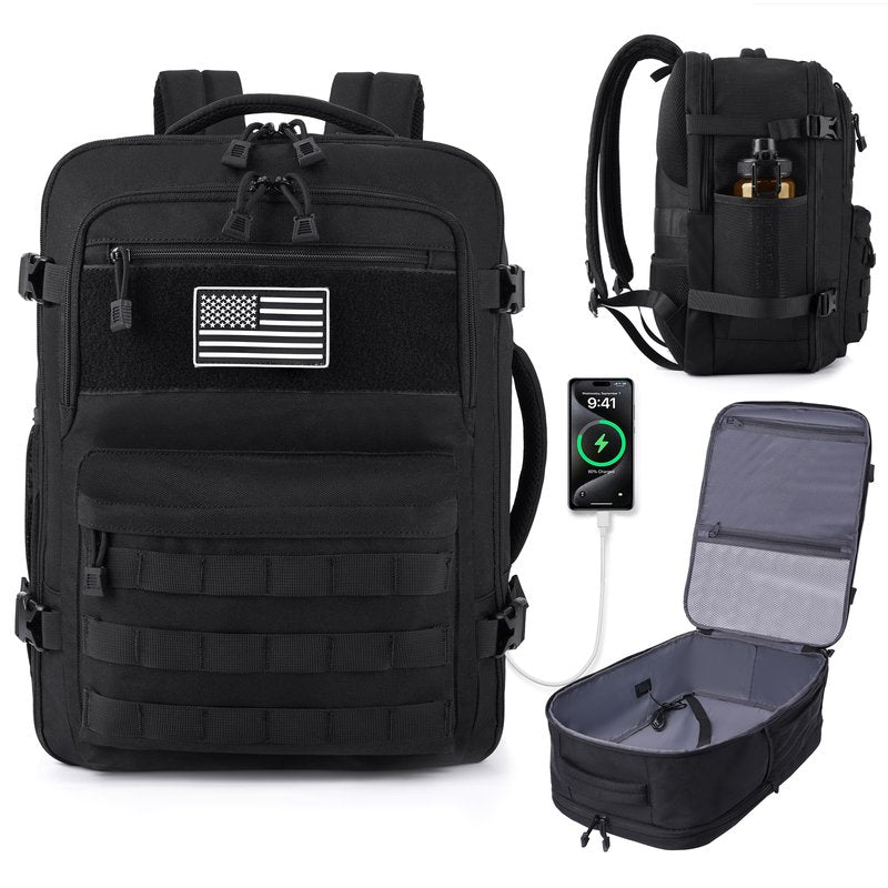 MOZETO TSA Approved Carry On Backpack, Extra Large Tactical Travel Backpack for Men, Airplane Approved Weekender Bag, Water Resistant Lightweight Laptop Daypack for Flight, Black