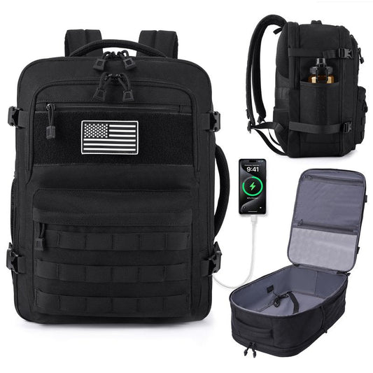 MOZETO TSA Approved Carry On Backpack, Extra Large Tactical Travel Backpack for Men, Airplane Approved Weekender Bag, Water Resistant Lightweight Laptop Daypack for Flight, Black