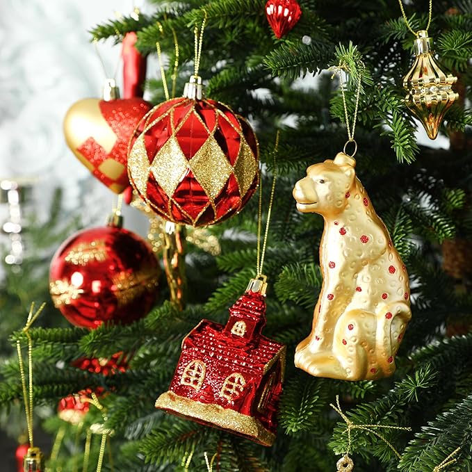 SHareconn 145pcs Christmas Balls Ornaments Set, Shatterproof Plastic Baubles Snowflakes, Stars and Tree Topper for Xmas Tree Holiday Wedding Party Decorations with Hanging Strings, Gold and Red