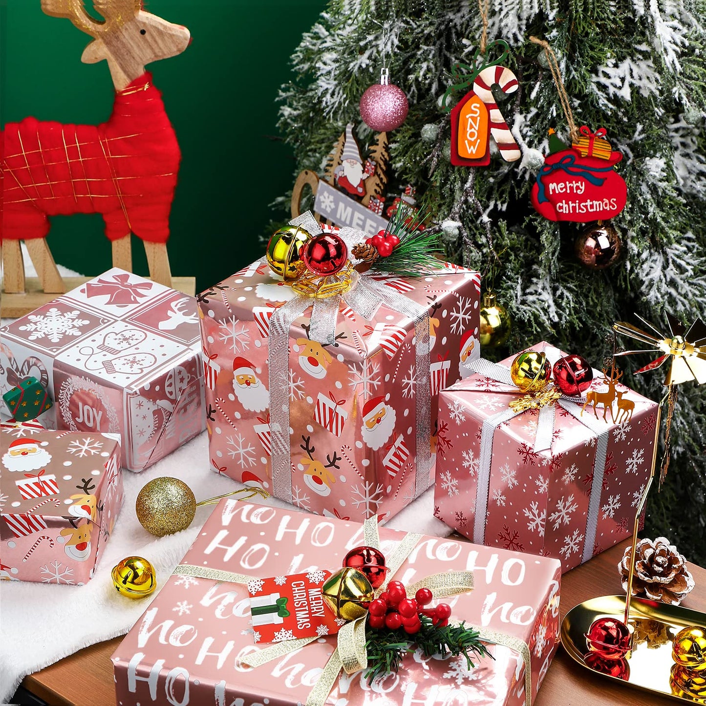 WRAPAHOLIC 30 Inch Christmas Wrapping Paper Roll - Jumbo Roll Rose Gold Santa, Snowflakes and Reindeer Holiday Collection with Metallic Foil Shine - 4 Rolls - 30 Inch x 120 Inch Per Roll