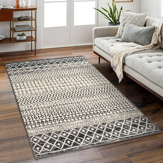 Boho Rugs for Living Room, 4x6 Moroccan Vintage Non-Slip Large Area Rug, Machine Washable Low-Plie Kitchen Mat Accent Rug for Bedroom Playroom Dining Room