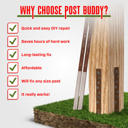 Post Buddy Pack of 4 Easy Fence Post Repair Kit (to Fix 2 Broken Wood Posts), Quick and Simple to Install, Effective, Durable Steel Stakes