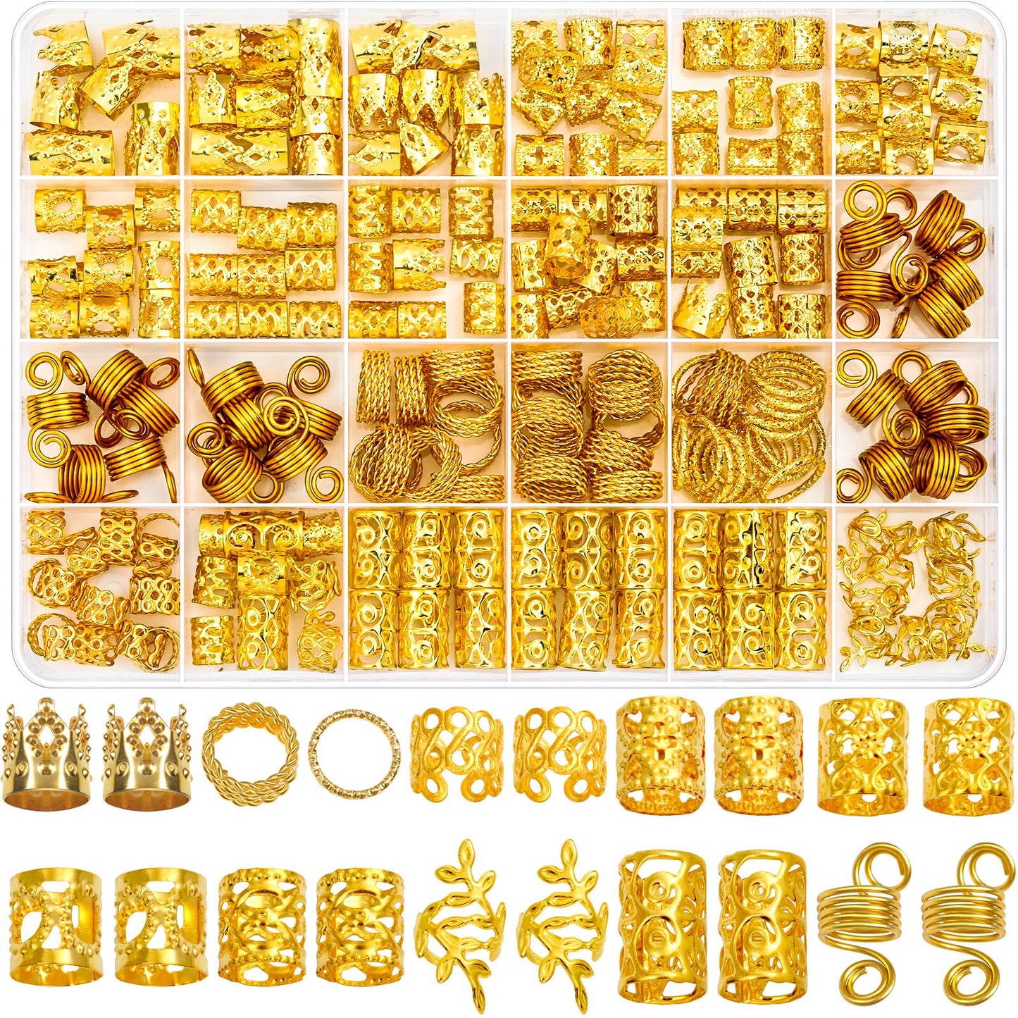 Lucomb 220 Pcs Gold Hair Jewelry for Braids, Loc Jewelry for Hair Dreadlock, Loc Charms for Women, Metal Gold Braids Rings Cuffs Clips for Dreadlock Accessories Clip Braids Extensions Decorations