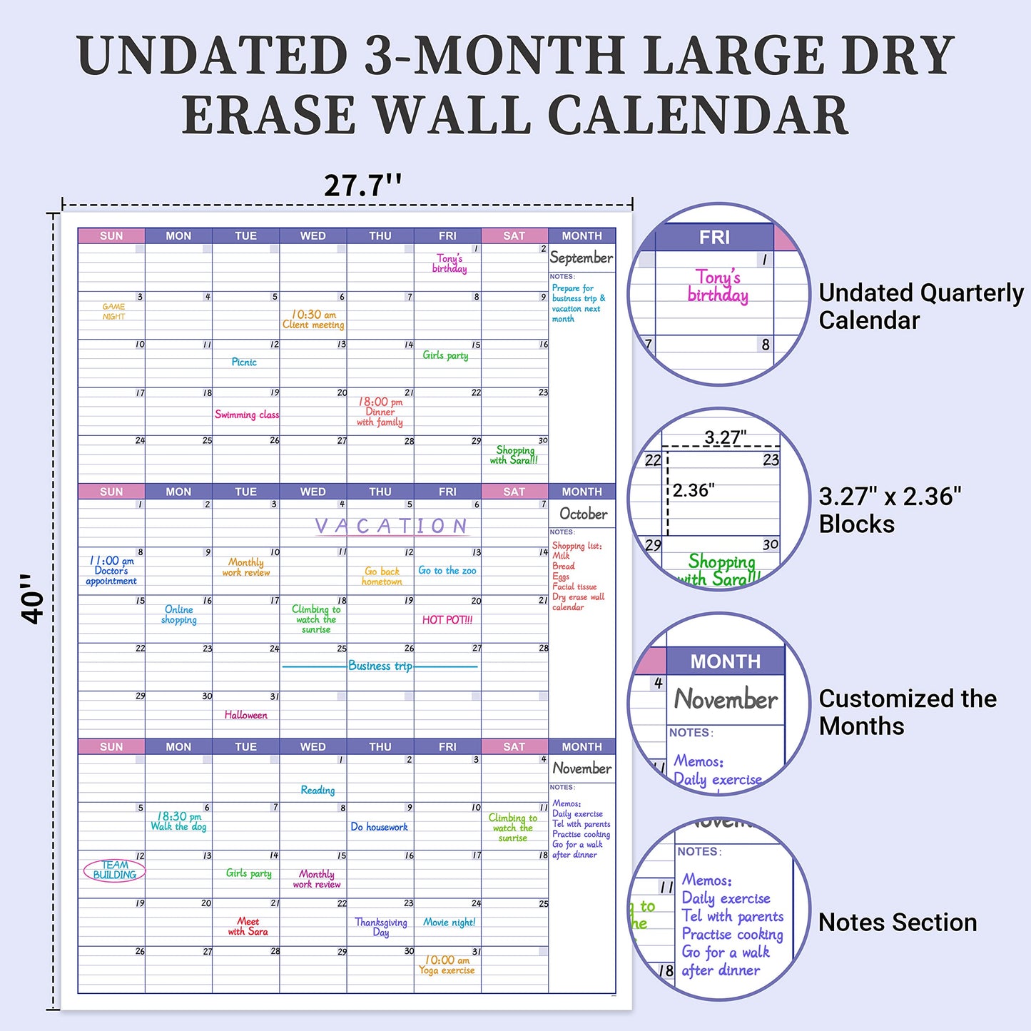 BooQool Large Dry Erase Calendar for Wall - Undated 3 Month Calendar, 27.7'' x 40'', Erasable & Reusable Laminated White Board with 8 Round Stickers, Vertical Layout Home, Office and School